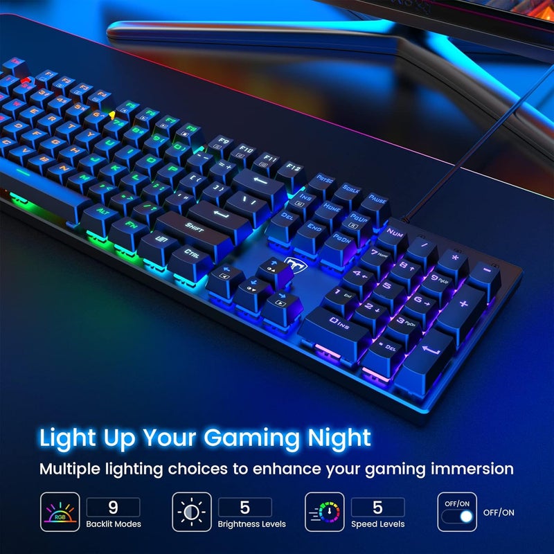 RisoPhy Mechanical Gaming Keyboard, RGB 104 Keys Ultra-Slim LED Backlit USB Wired Keyboard with Blue Switch, Durable Abs Keycaps/Anti-Ghosting/Spill-Resistant Computer Keyboard for PC Mac Xbox Gamer - Image 2